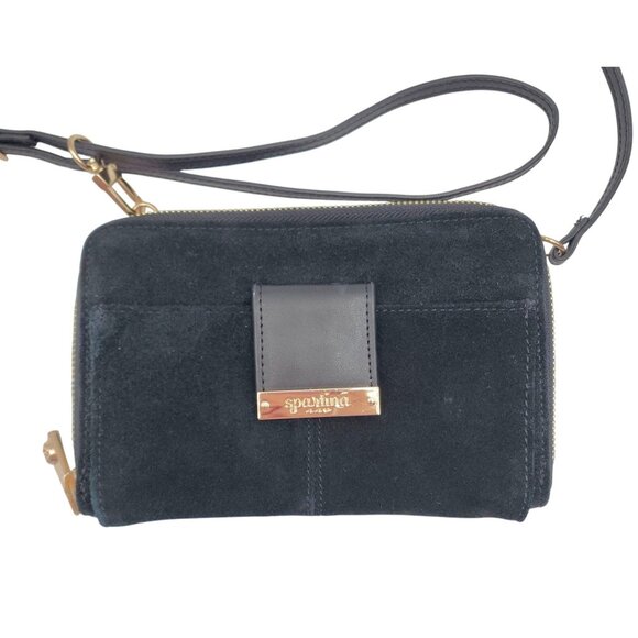 Spartina 449 Black Suede & Leather Crossbody Bag With Gold Hardware & Floral Lin - Picture 1 of 16